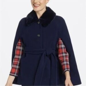 Draper James Navy Blue Faux Fur Collar Wool Cape XS/S
